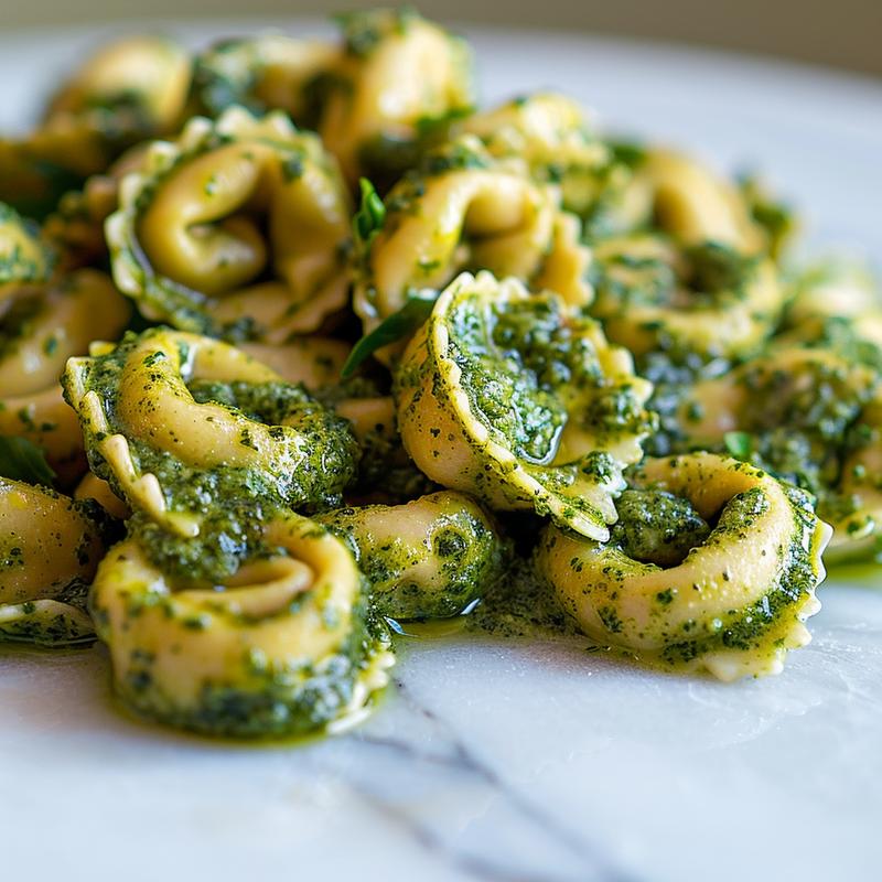 A vibrant, close-up view of a bowl of tortellini pasta salad with pesto, showcasing fresh ingredients.