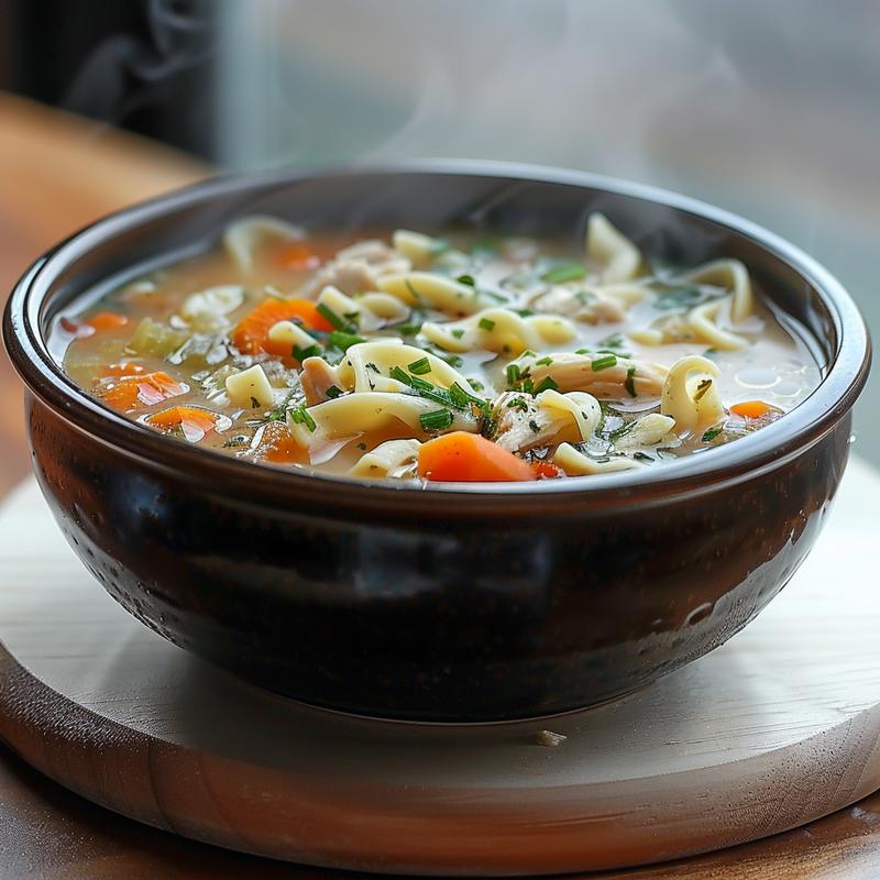 Close-up of a steaming bowl of chicken noodle soup on a wooden board.
