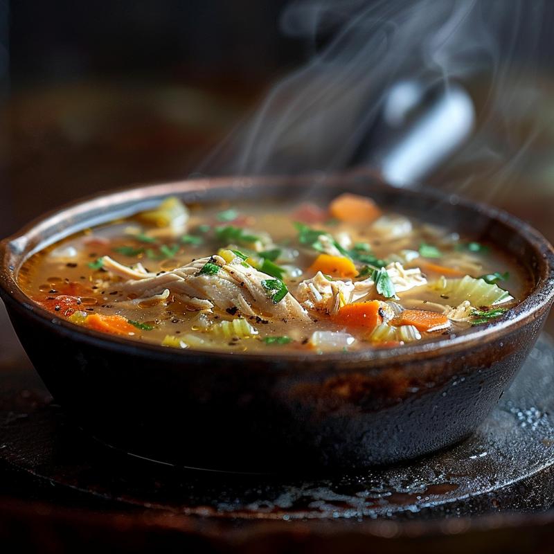 Close-up of a bowl of steaming roasted chicken soup on a rustic cast iron surface.