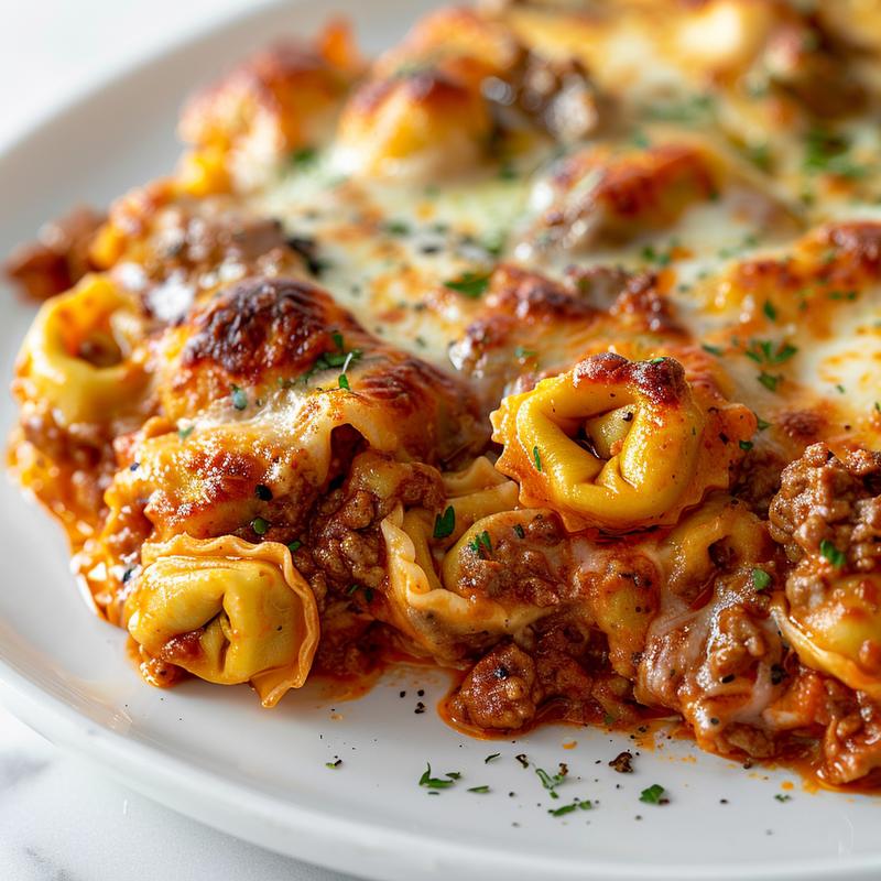 Close-up of a baked tortellini casserole, showcasing golden cheese and pasta in a minimalist setting.