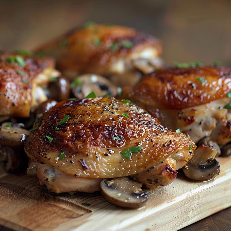 Close-up of savory chicken thighs with mushrooms on a wooden board, showcasing texture and color.