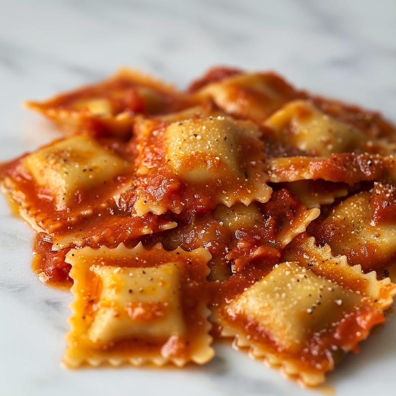 Close-up view of glossy easy ravioli sauce on a white marble surface.