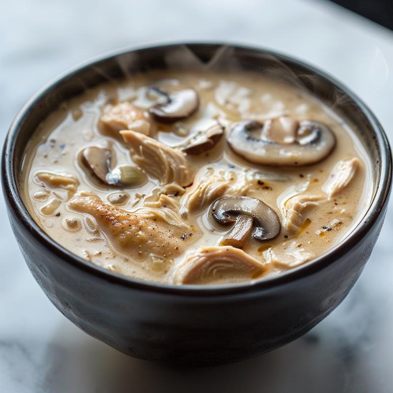 A close-up of a bowl of creamy chicken and mushroom soup, lightly steaming on a marble surface.
