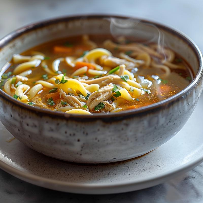 A close-up of a bowl of chicken noodle soup with steam rising, featuring noodles, chicken, and vegetables.