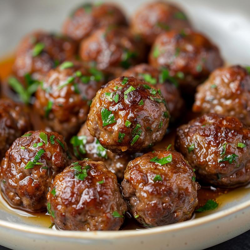 Close-up of low carb crockpot meatballs on a light grey ceramic plate.