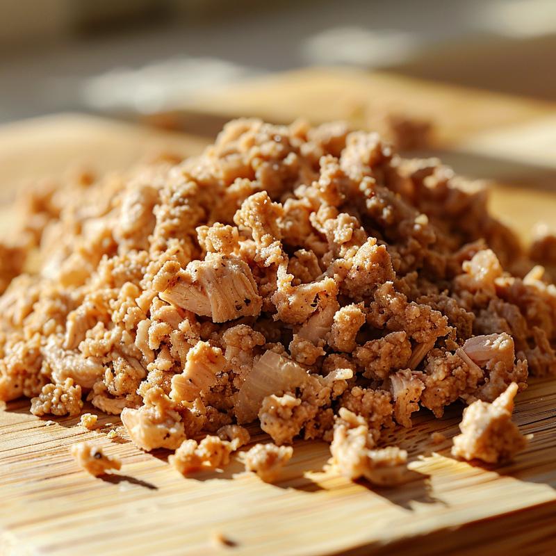 Close-up of a textured ground chicken filling on a light wood board.