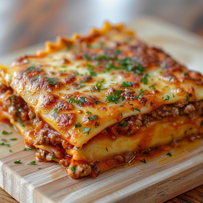 Close-up of a delicious portion of ravioli casserole served on a light wood board.