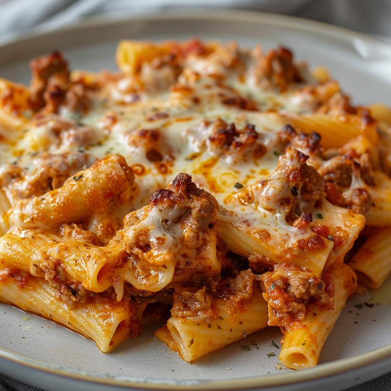 Close-up of cheesy baked ziti on a light grey plate, showcasing rich textures and melted cheese.