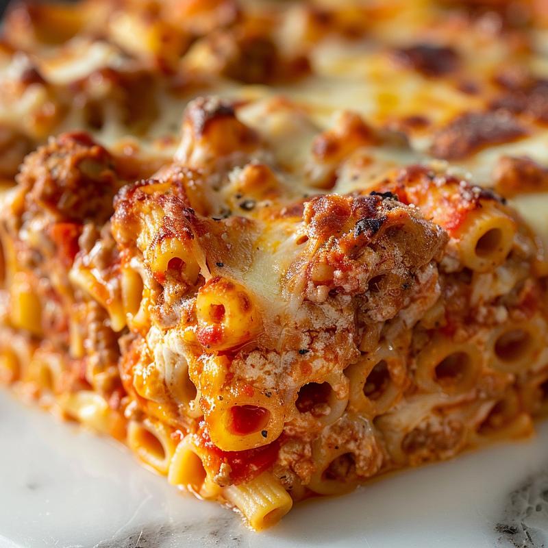 Close-up of a serving of baked ziti with melted cheese and pasta on a marble surface.