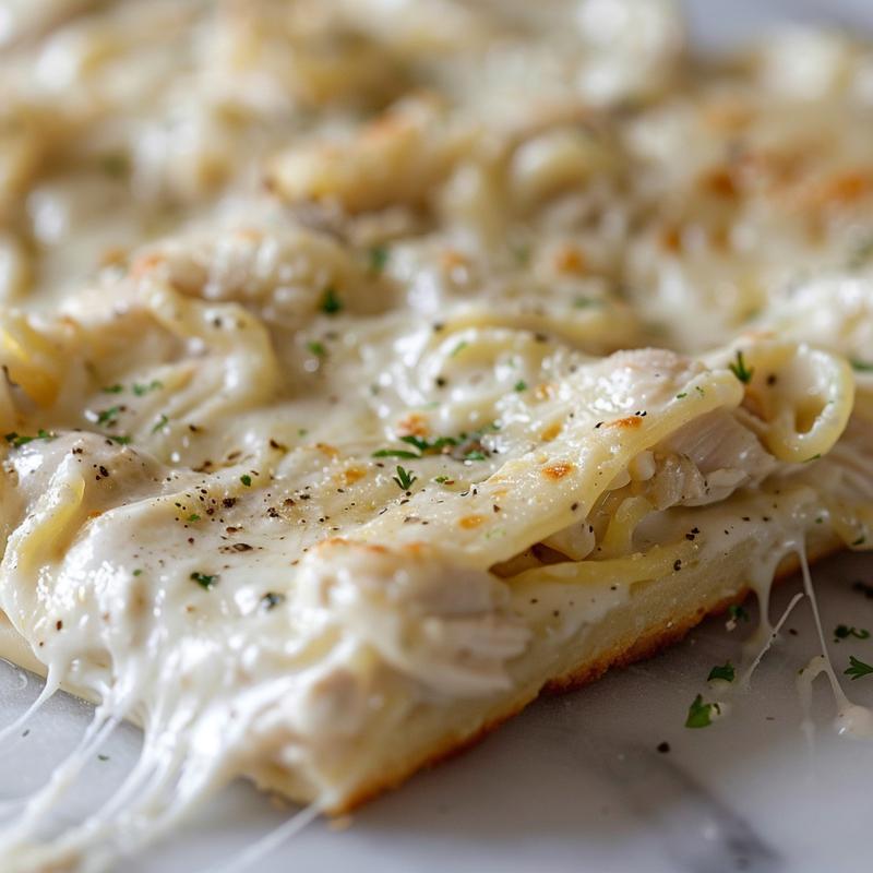 Close-up of creamy keto crockpot chicken alfredo served on a white marble surface.