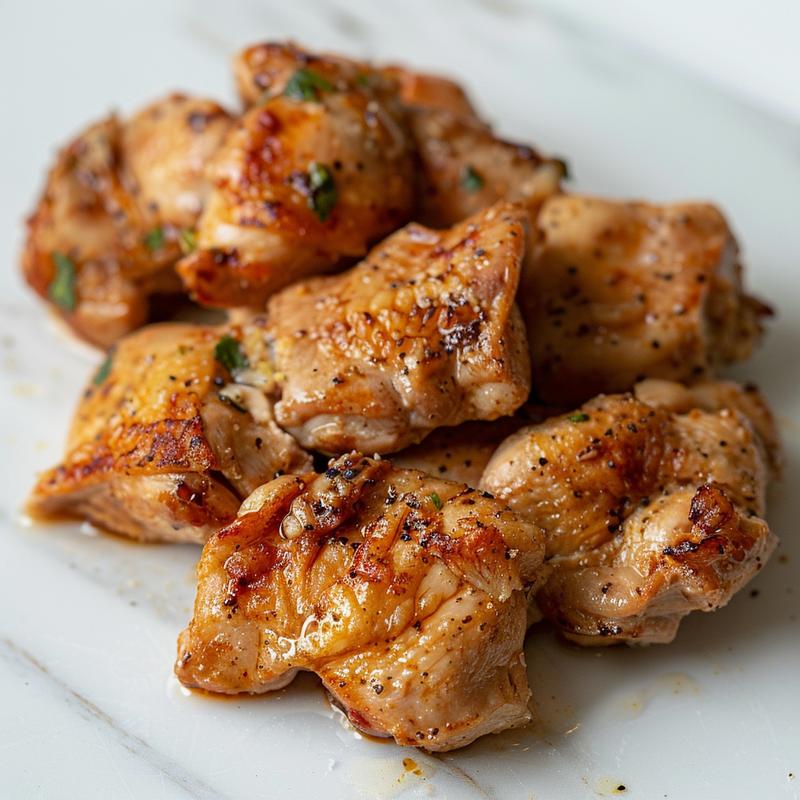 Close-up of juicy, tender crockpot keto chicken portions on a white marble surface.
