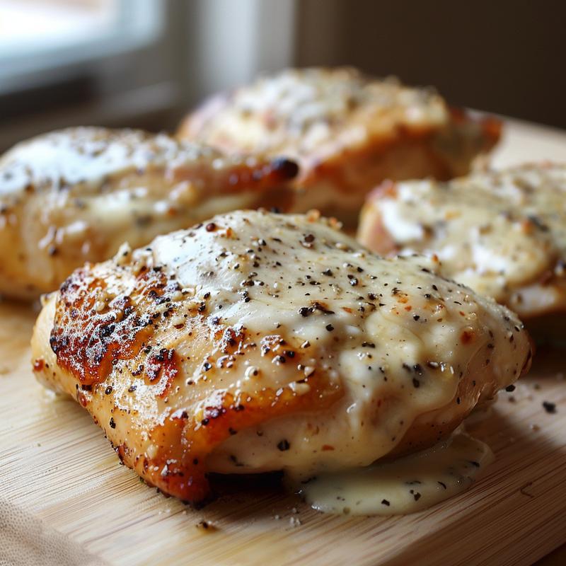 Close-up of creamy garlic parmesan chicken on a light wood board.