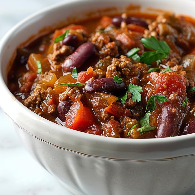 Close-up of a bowl of keto crock pot chili with rich textures and vibrant spices on a white marble surface.