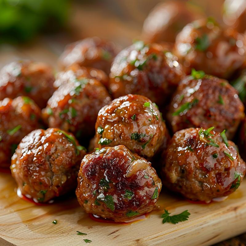 Close-up of tender low carb meatballs on a wooden board with natural light highlighting their texture.