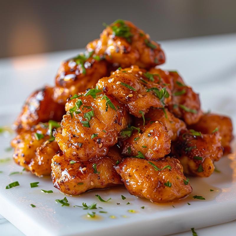 Close-up view of honey garlic chicken breasts on a white marble surface.