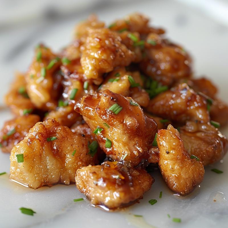Close-up of honey garlic chicken breasts on a white marble surface.