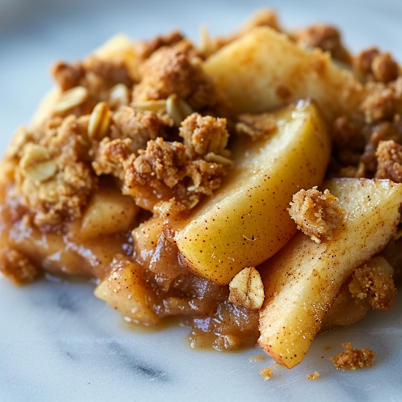 A close-up of a portion of warm, cooked apple crisp topped with golden-brown oats on a white marble surface.