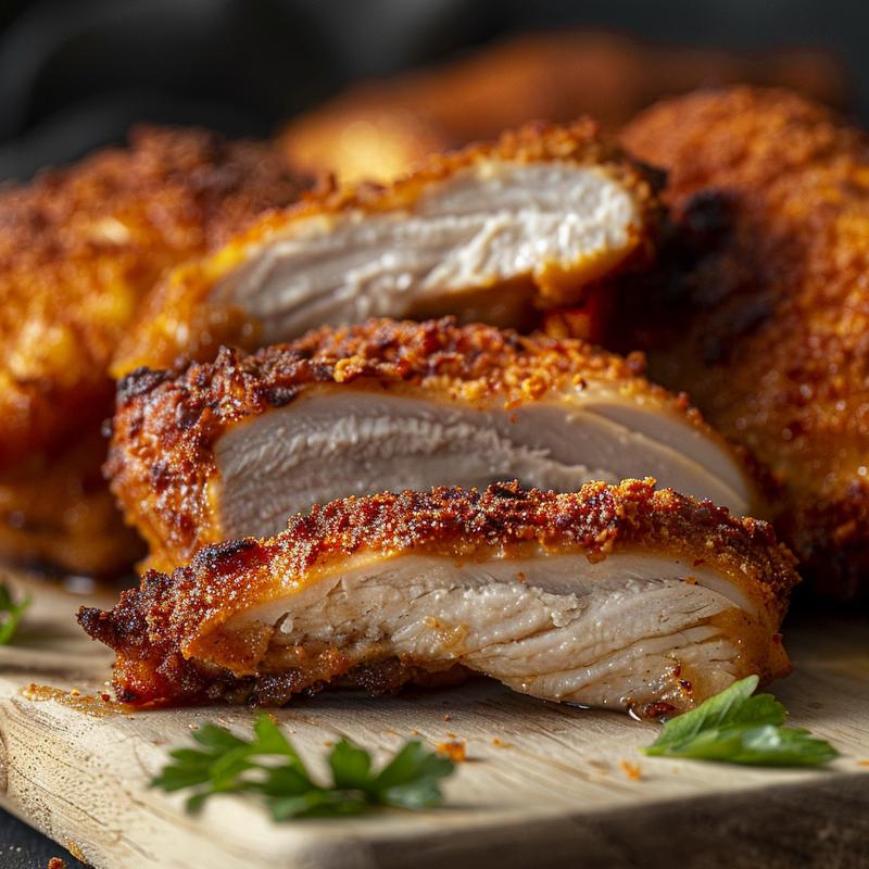 Close-up of a perfectly cooked whole chicken, golden brown and crispy, displayed on a natural wood board.