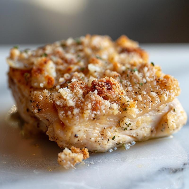 Close-up of keto slow cooker garlic parmesan chicken on a white marble surface.