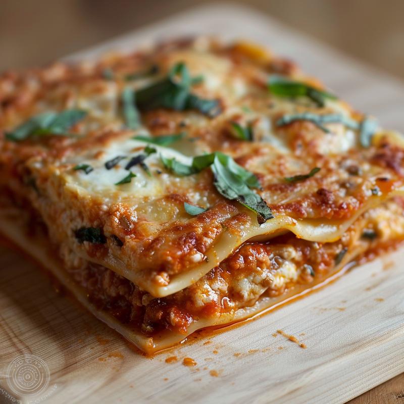 Close-up of a golden-brown baked ravioli casserole with a creamy sauce, presented on a light wood board.