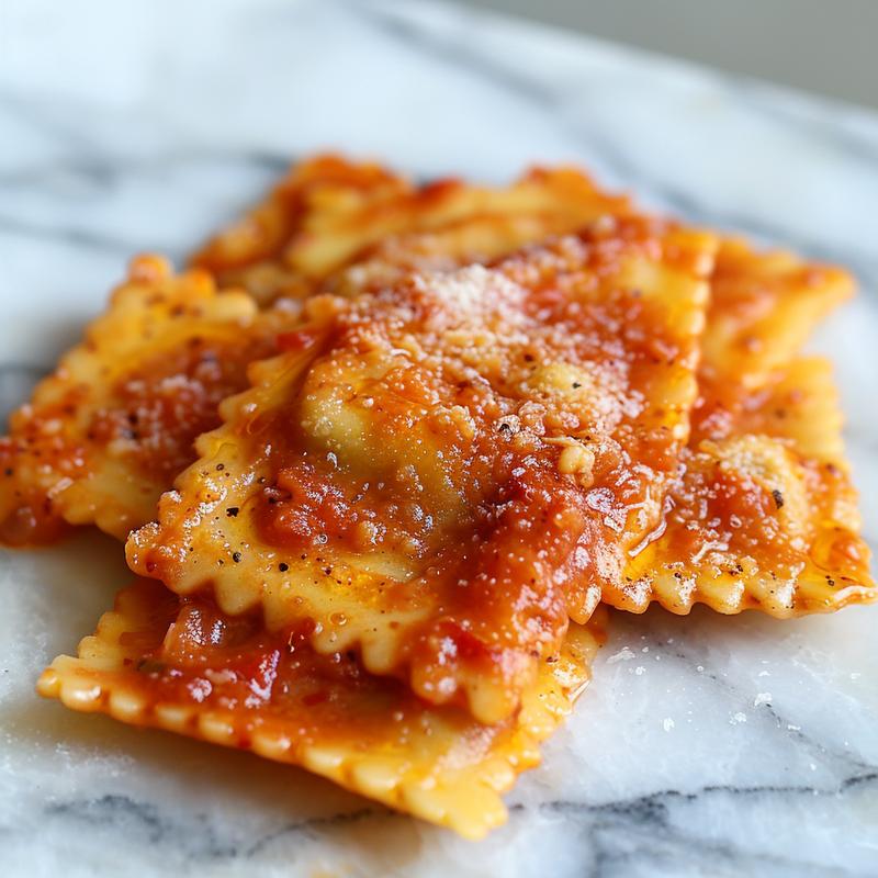 Close-up of a rich, smooth ravioli sauce on a white marble surface.