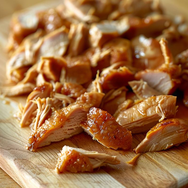 Close-up view of tender, shredded chicken on a light wood board, highlighted by natural lighting.