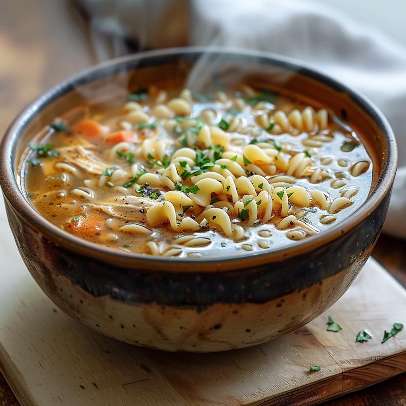 Close-up of steaming chicken noodle soup in a white bowl on a light wood board.