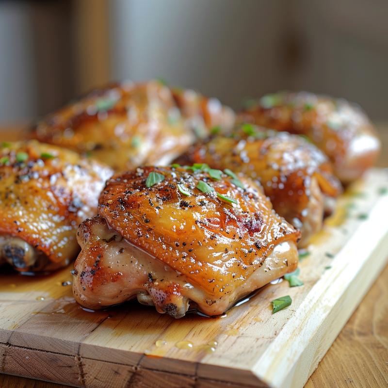 Close-up of honey garlic slow cooker chicken thighs on a wooden board.