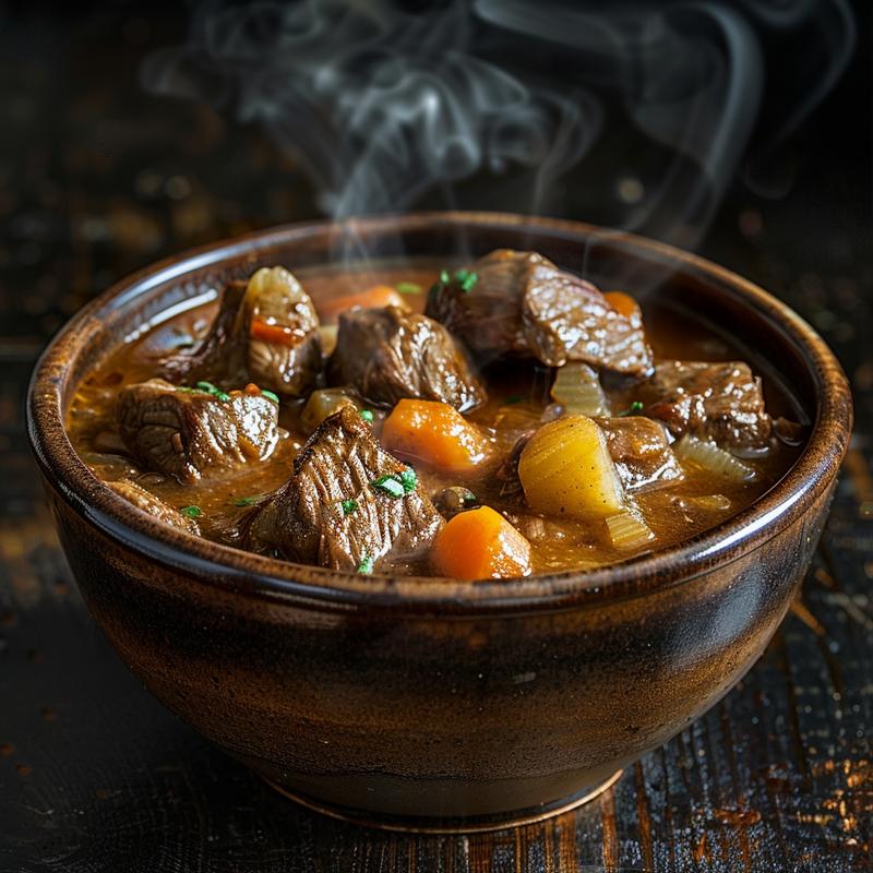 A steaming bowl of slow cooker beef stew on a rustic wooden table, highlighting rich textures and colors.