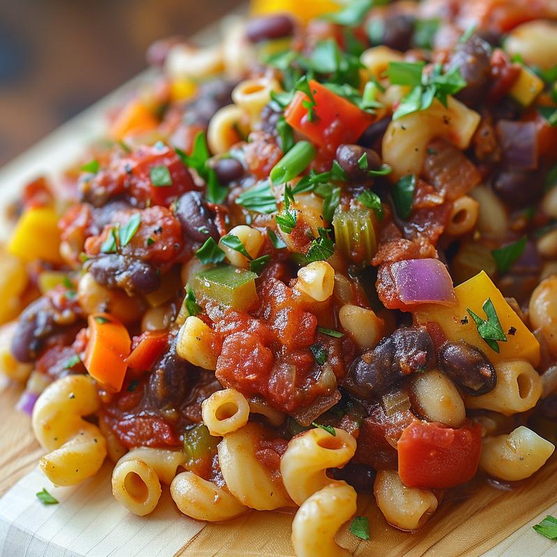 Close-up of a hearty portion of pasta e fagioli with colorful vegetables on a wooden board.