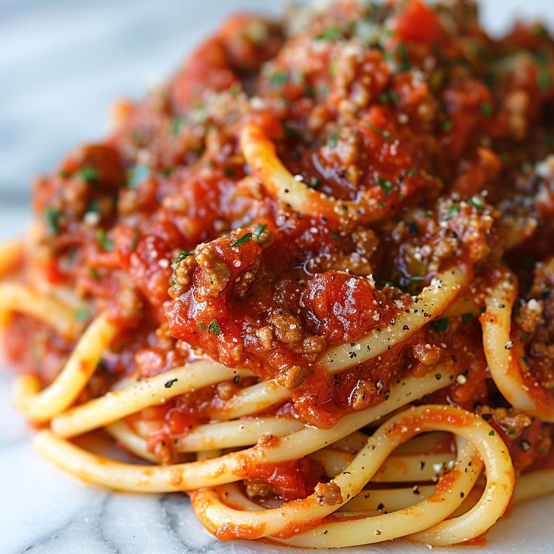 A close-up view of a rich, hearty spaghetti sauce in a bowl on a marble surface.