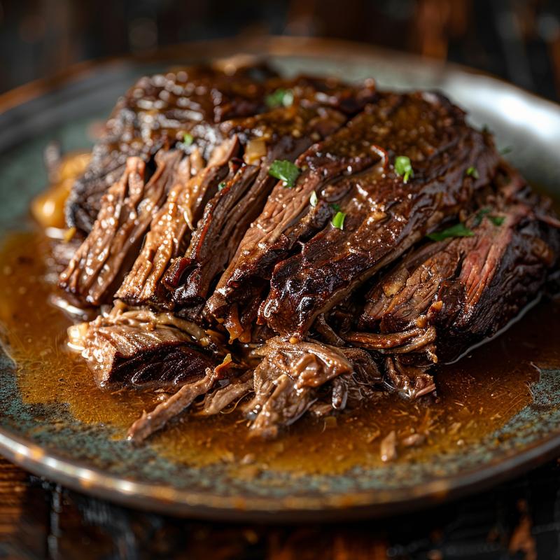Close-up of a slow cooker beef Manhattan dinner, showcasing tender beef and gravy on a rustic wooden table.