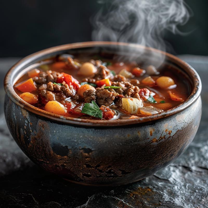 Close-up of a steaming bowl of rustic slow cooker soup on a dark countertop.