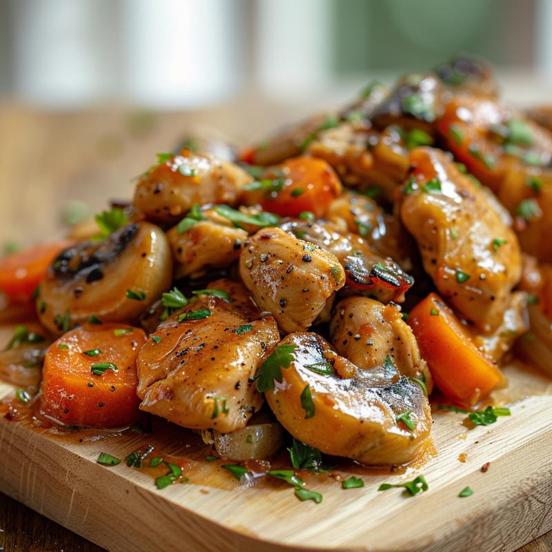 Close-up shot of a bowl filled with chicken vegetable stew resting on a wooden board.