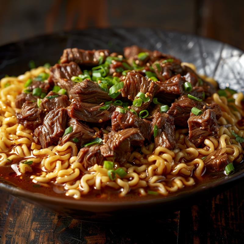 Close-up of a bowl of slow cooker beef ramen noodles topped with green onions and soft-boiled egg, on a rustic wooden table.