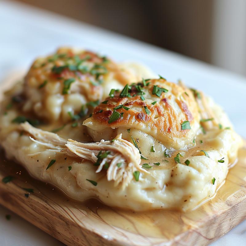 A close-up view of a bowl filled with chicken and dumplings, showcasing tender chicken pieces and fluffy dumplings on a wooden board.