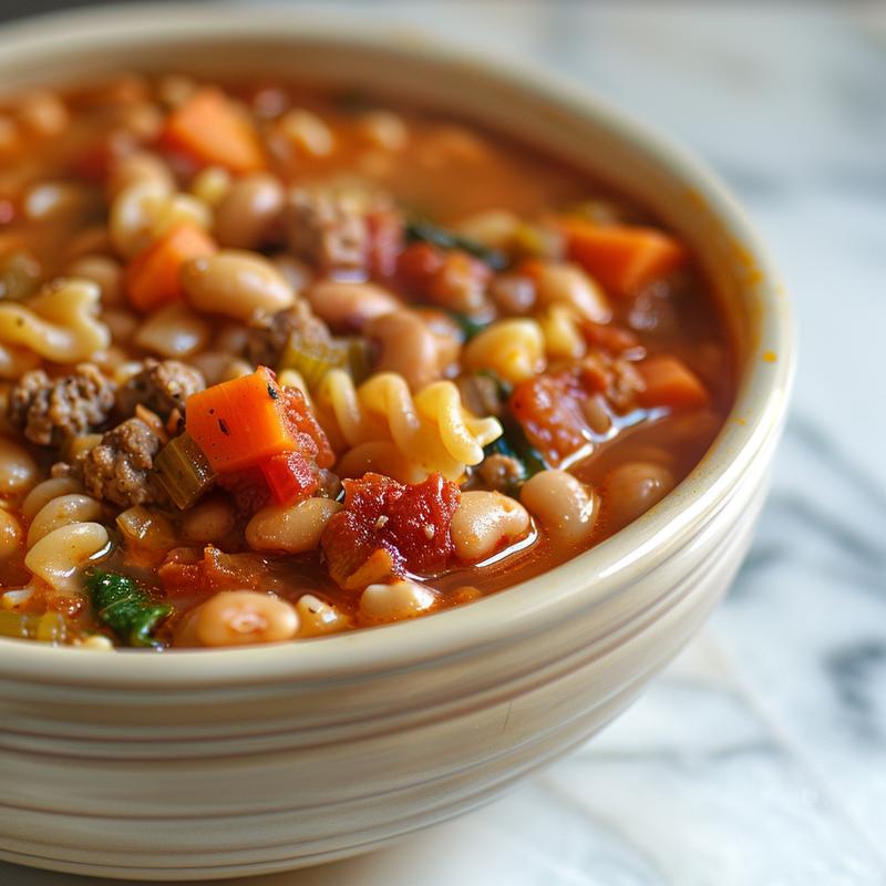 A close-up view of a bowl of pasta e fagioli soup with visible pasta and beans.
