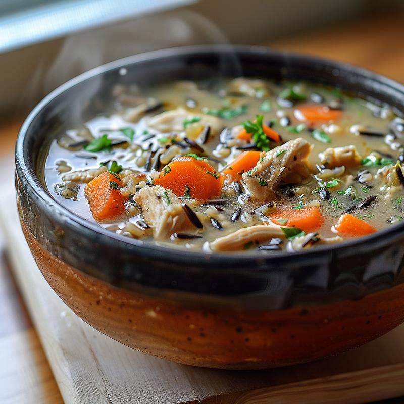Close-up of a bowl of chicken and wild rice soup on a wooden board.