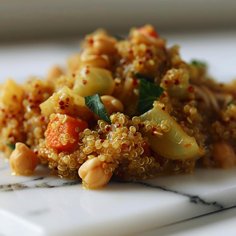 Close-up of a bowl of coconut quinoa curry with a creamy texture on a white marble surface.