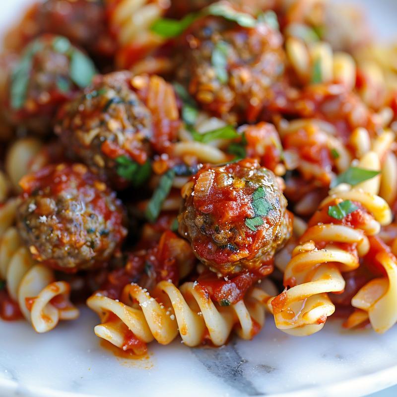 Close-up of a bowl of meatball marinara pasta with vibrant colors and textures.