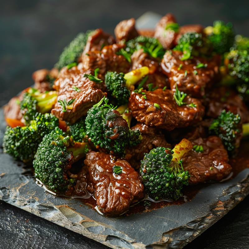 Close-up of a portion of beef and broccoli served on a rustic chipped slate plate.