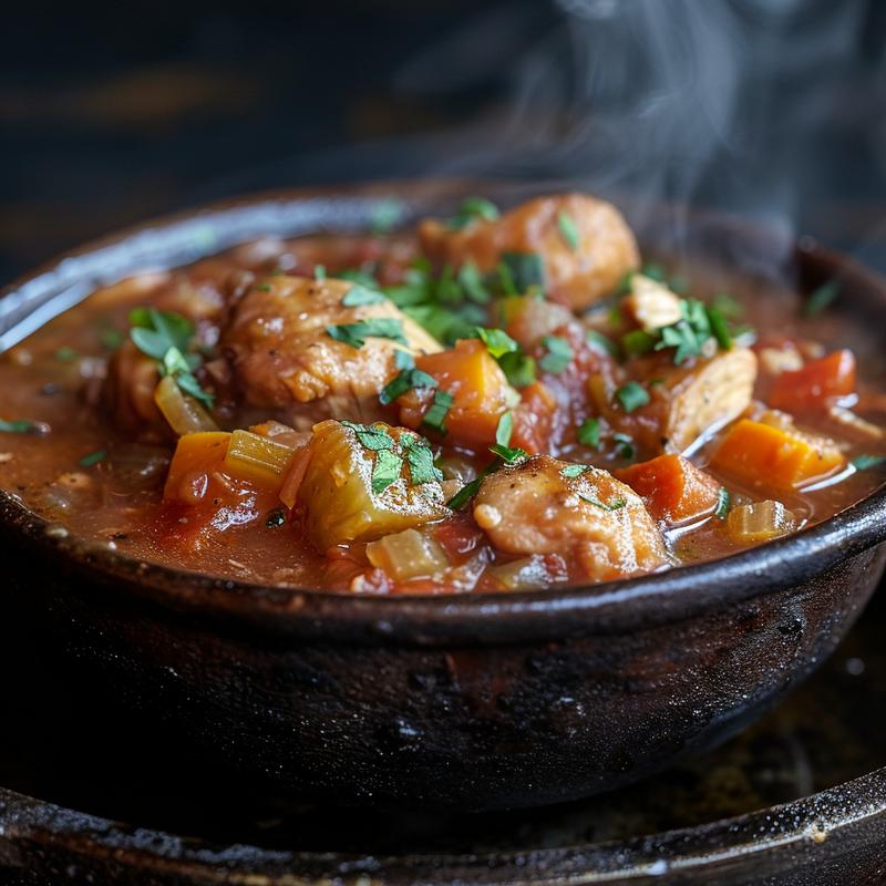 A bowl of chicken stew with visible vegetables and herbs, placed on a cast iron surface.