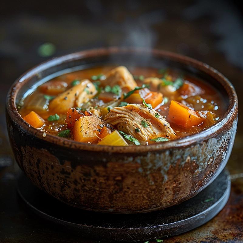 Close-up of a steaming bowl of chicken stew with a rustic appearance on a dark surface.