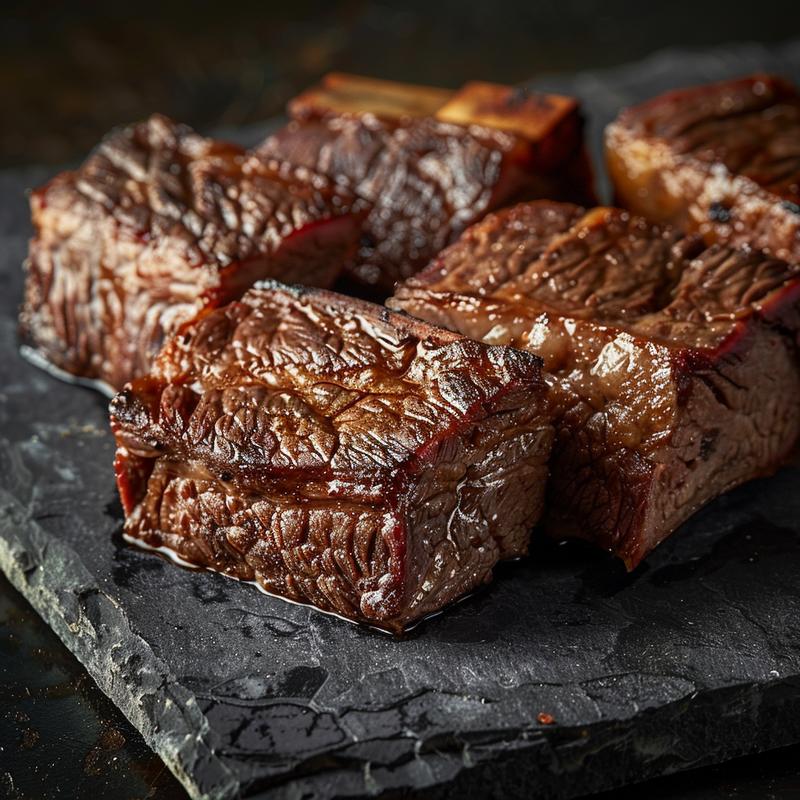 Close-up of tender beef short ribs on a dark stone countertop, with rich textures and deep shadows.
