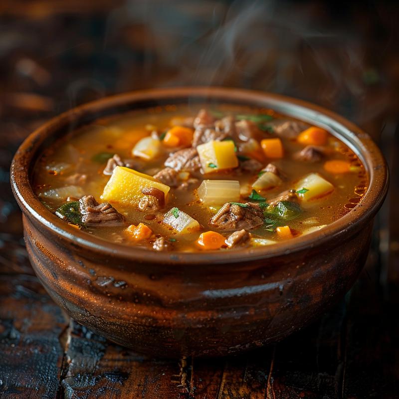 Close-up of a bowl of vegetable beef soup steaming on a rustic wooden table.