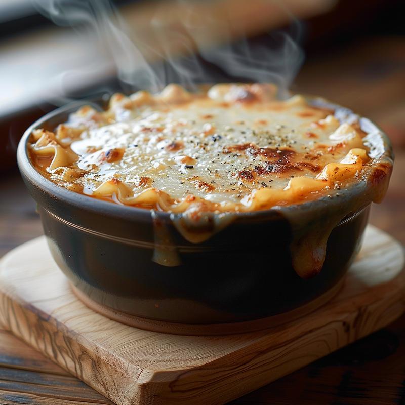 Close-up of a bowl of creamy lasagna soup with steam rising, placed on a light wood board.