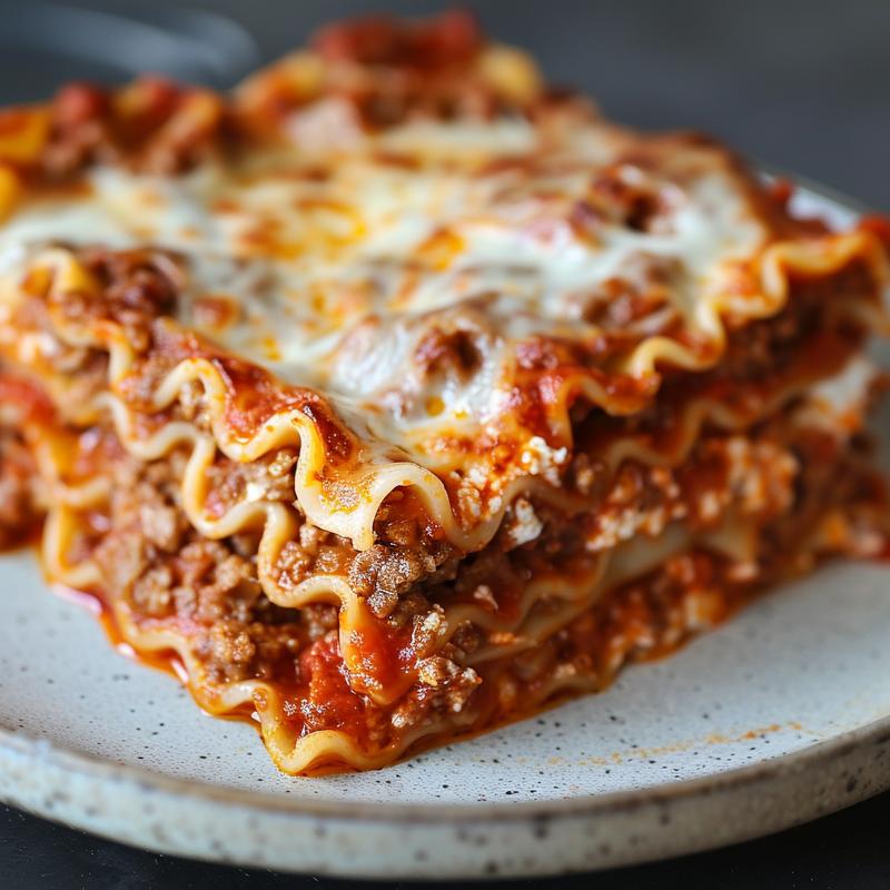 Close-up of a delicious portion of classic lasagna on a light grey ceramic plate.