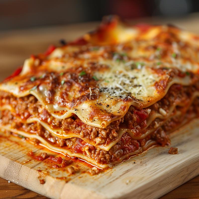 A close-up of a delicious slice of classic lasagna on a natural wood board.