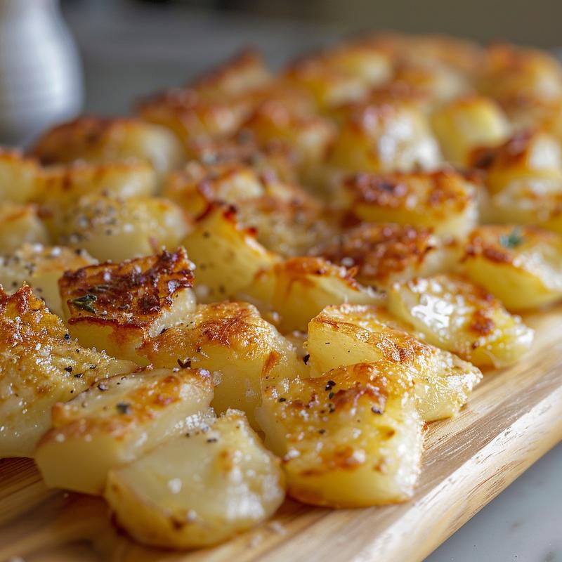 Close-up of a colorful and delicious dump and bake dinner on a light wood board.