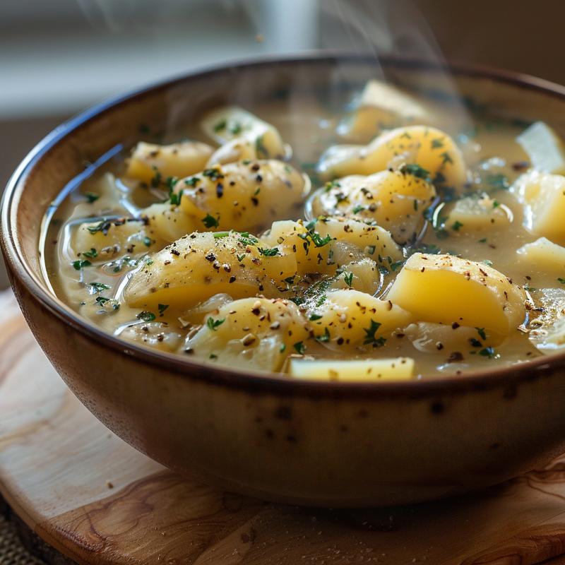 Close-up shot of a creamy potato soup in a bowl, steaming and set on a light wood board.